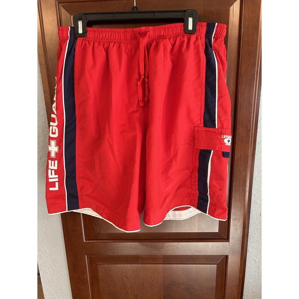 Vintage Speedo LIFE GUARD Red W/ Side Stripes Mesh Lined Swim Trunks Men's Large - Picture 1 of 10